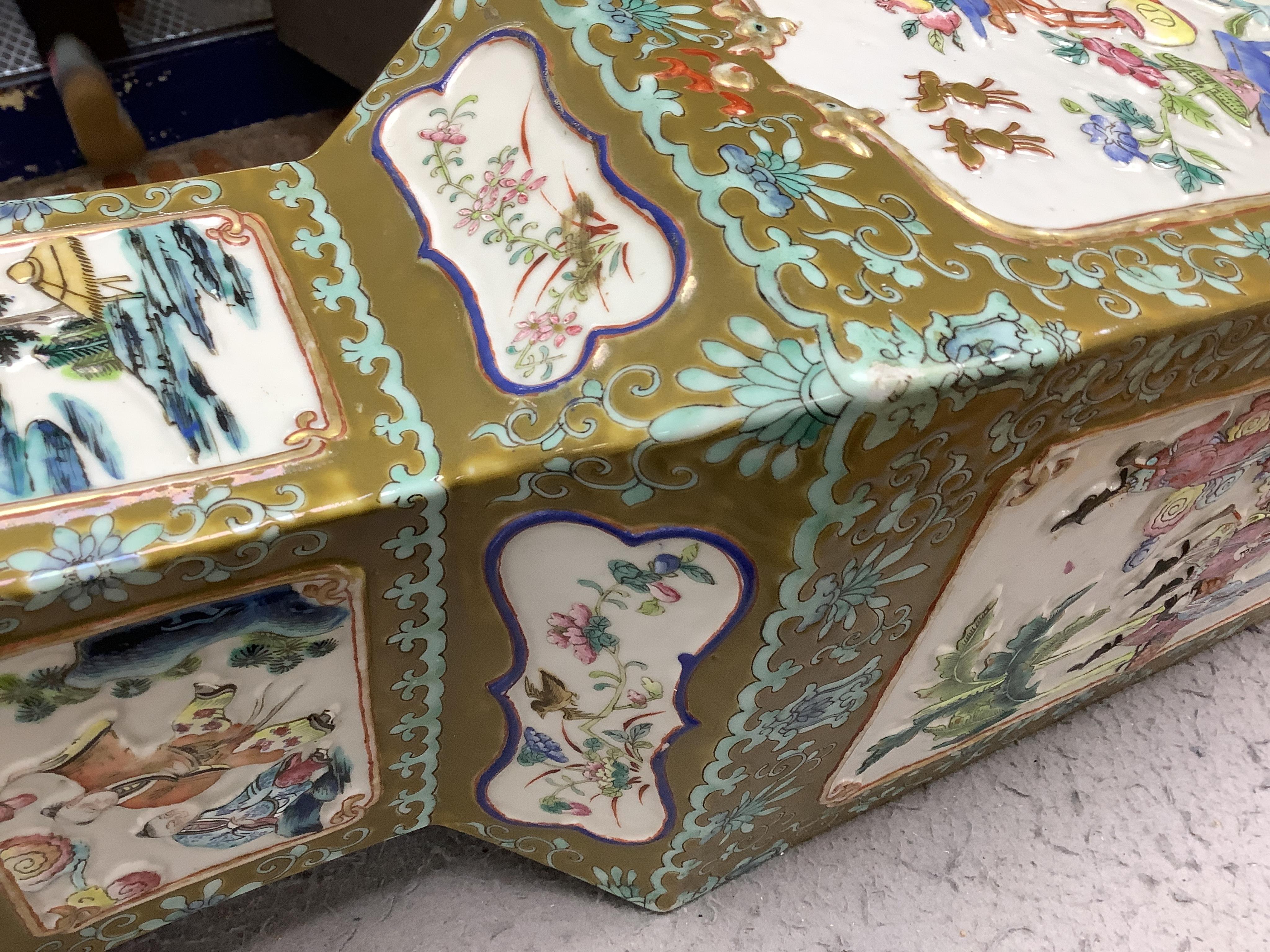A large 19th century Chinese moulded famille rose ‘eight immortals’ vase, 59cm high., Condition - base drilled; underside damaged